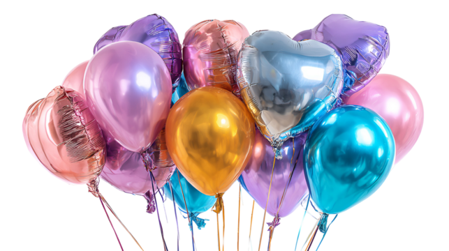 A vibrant bouquet of colorful heart and round balloons against a dark background