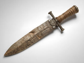 Vintage Wooden Handle Dagger with Ornamental Blade on White Background