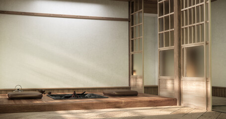 Window wall design on Japanese room with a fire pit in the middle of the room. 3D rendering