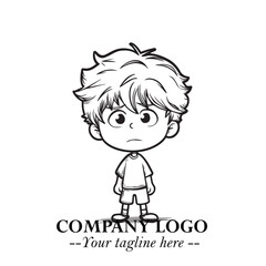 Black and White Chibi Boy Illustration with Jacket and Boots in Bold Thick Line Art Minimal Style