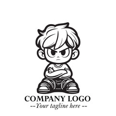 Black and White Chibi Boy Illustration with Jacket and Boots in Bold Thick Line Art Minimal Style