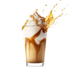 Caramel frappe drink with whipped cream and caramel drizzle isolated on transparent background