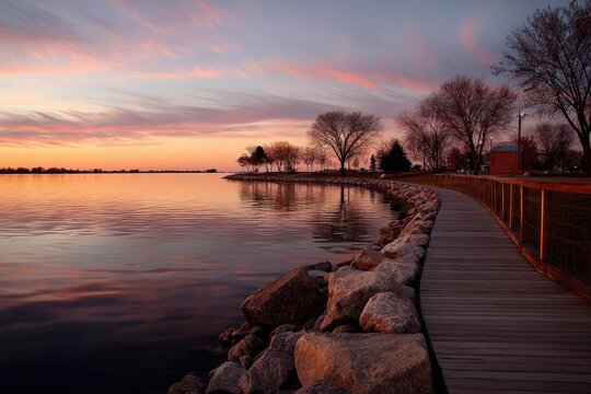 Fond Du Lac Wisconsin. Sunset Evening at Lakeside Park by the Lake