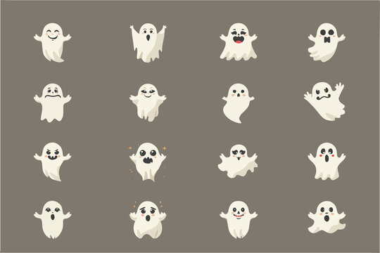 A collection of cute cartoon ghosts with different expressions and poses, perfect for Halloween designs.