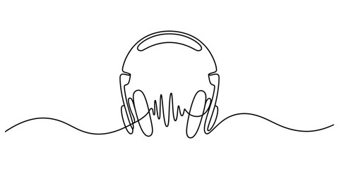 Continuous line drawing of headphones with sound waves