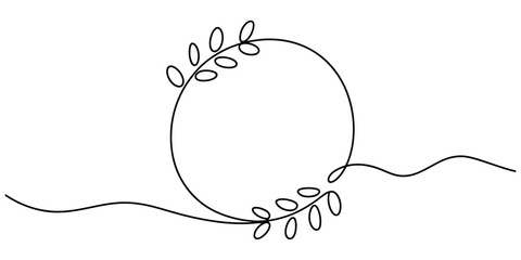 Circular frame with leaves, continuous line drawing
