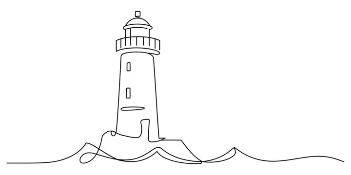 Continuous line drawing of a lighthouse on rocks in the sea