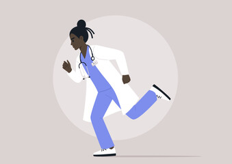 A determined doctor sprinting through a hospital corridor, clad in medical attire, showcasing their commitment to health and swift action in challenging situations