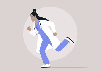 A determined doctor sprinting through a hospital corridor, clad in medical attire, showcasing their commitment to health and swift action in challenging situations