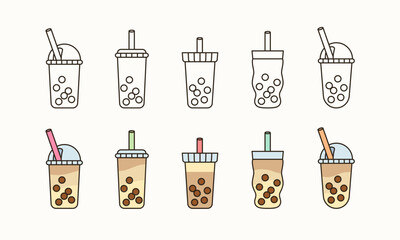 Set of cartoon bubble milk tea boba cup drink icons isolated on white background. Vector illustration