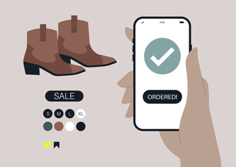Person places an online order for trendy brown boots, showcasing a user-friendly shopping app and displaying a selection of sizes and colors for a stylish choice.