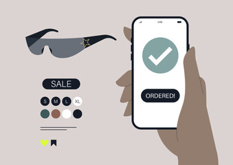 Person places an online order for trendy y2k sunglasses, showcasing a user-friendly shopping app and displaying a selection of sizes and colors for a stylish choice.