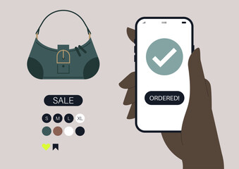 Person places an online order for a trendy green bag, showcasing a user-friendly shopping app and displaying a selection of sizes and colors for a stylish choice.
