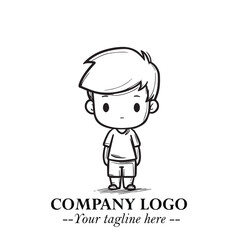 Black and White Chibi Boy Illustration with Jacket and Boots in Bold Thick Line Art Minimal Style