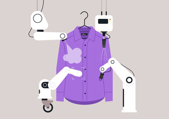 Four advanced robots meticulously clean and care for a colorful shirt, demonstrating the future of laundry services in a contemporary setting, combining efficiency with precision.