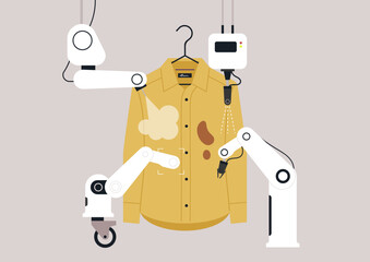 Four advanced robots meticulously clean and care for a colorful shirt, demonstrating the future of laundry services in a contemporary setting, combining efficiency with precision.