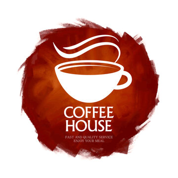 Vector coffee shop logo with a steaming cup on a red watercolor background. Stylish modern design for cafe branding, menu, poster, or packaging.
