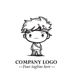 Black and White Chibi Boy Illustration with Jacket and Boots in Bold Thick Line Art Minimal Style