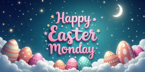 Happy easter monday greeting with decorated eggs and moonlit sky