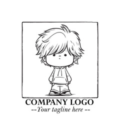 Black and White Chibi Boy Illustration with Jacket and Boots in Bold Thick Line Art Minimal Style