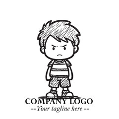 Black and White Chibi Boy Illustration with Jacket and Boots in Bold Thick Line Art Minimal Style