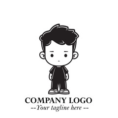 Black and White Chibi Boy Illustration with Jacket and Boots in Bold Thick Line Art Minimal Style