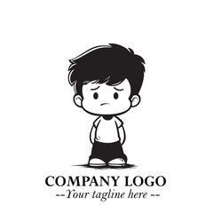 Black and White Chibi Boy Illustration with Jacket and Boots in Bold Thick Line Art Minimal Style