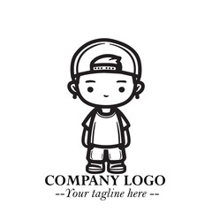 Black and White Chibi Boy Illustration with Jacket and Boots in Bold Thick Line Art Minimal Style