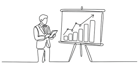 Man presenting a business graph on a Simple continuous line drawing