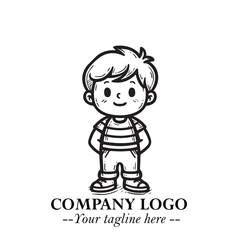 Black and White Chibi Boy Illustration with Jacket and Boots in Bold Thick Line Art Minimal Style