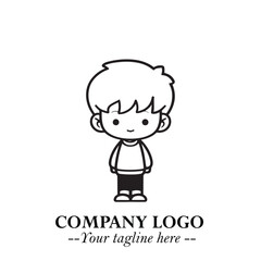 Black and White Chibi Boy Illustration with Jacket and Boots in Bold Thick Line Art Minimal Style