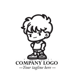 Black and White Chibi Boy Illustration with Jacket and Boots in Bold Thick Line Art Minimal Style