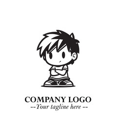 Black and White Chibi Boy Illustration with Jacket and Boots in Bold Thick Line Art Minimal Style