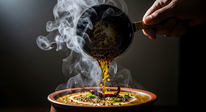 Hands Pouring Hot Tadka (Spiced Oil) over Indian Dal with Red Chili