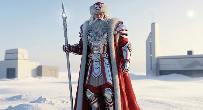  Futuristic Santa Claus (Ded Moroz) in chrome armor with a glowing staff.