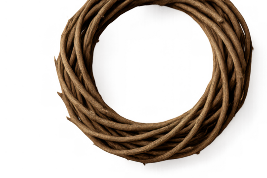 Wicker vine wreath forming an empty circle on a transparent background, design element for home decor and crafting