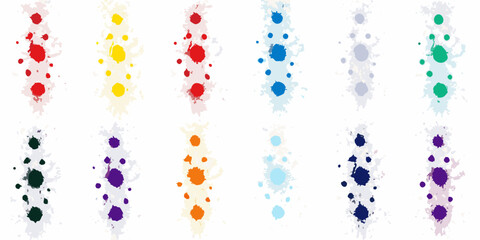 A vibrant collection of colorful ink splatters arranged in vertical columns against a clean white background