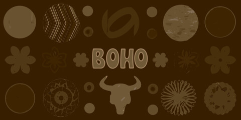 Boho style abstract pattern with bull skull flowers and circles in earthy brown tones