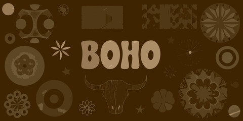 Boho style graphic design with bull skull and mandala elements in earthy brown tones