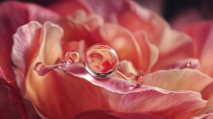Close-up of a delicate water drop on a soft pink rose petal, creating a beautiful romantic and gentle atmosphere, nature beauty and purity concept.