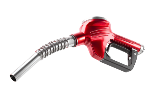 Red fuel nozzle with silver hose against black background