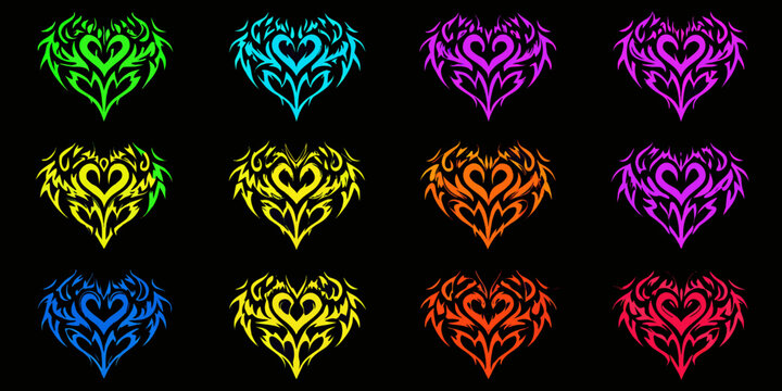 Collection of twelve tribal flame heart designs in a variety of vibrant neon colors on a black background