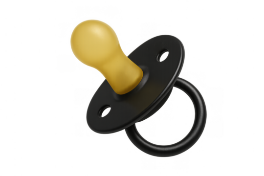 Baby pacifier with yellow nipple and black shield providing comfort and soothing infants during childhood on transparent background