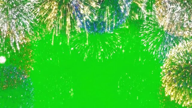 Colorful fireworks exploding on empty green screen frame. Alpha channel sequentially ignite, creating a festive border effect for celebrations and special events. New Year, Festive