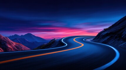 Dynamic Curving Mountain Road at Twilight with Vibrant Sky