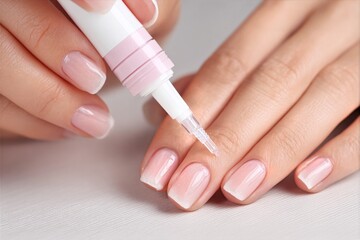 Nail Care Treatment Using a Brush Applicator on Well-Groomed Hands at a Beauty Studio
