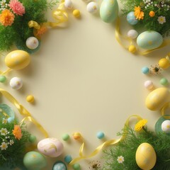 Easter egg wreath with flowers and greenery on a light background
