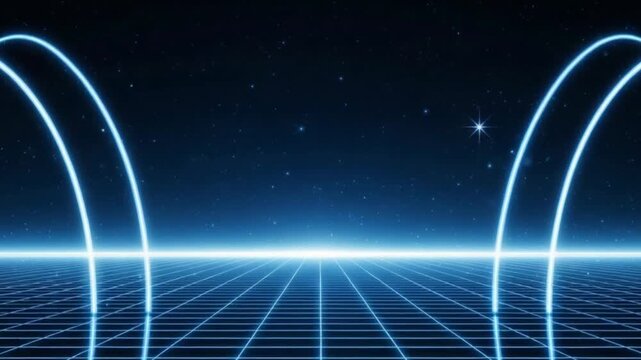 Abstract digital space glowing arcs and gridlines against starry background