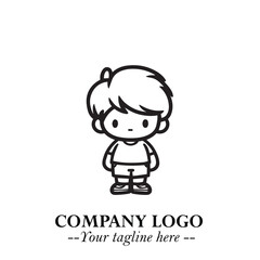 Black and White Chibi Boy Illustration with Jacket and Boots in Bold Thick Line Art Minimal Style