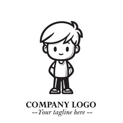 Black and White Chibi Boy Illustration with Jacket and Boots in Bold Thick Line Art Minimal Style